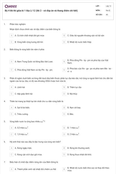 Bộ 4   Đề thi giữa kì 1 Địa Lí 12 (Đề 2 - có đáp án và thang điểm chi tiết)
