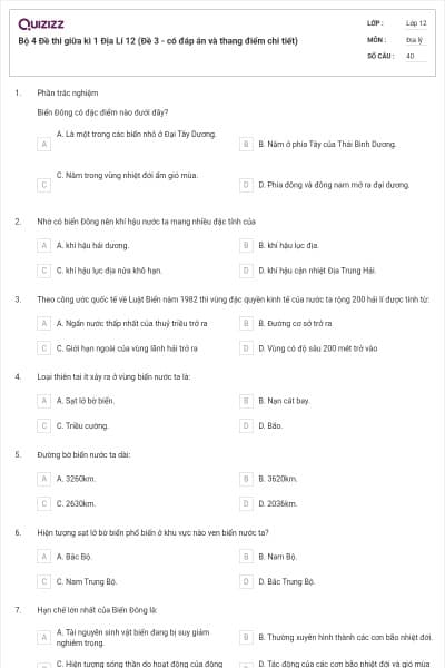 Bộ 4   Đề thi giữa kì 1 Địa Lí 12 (Đề 3 - có đáp án và thang điểm chi tiết)