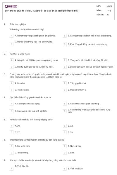 Bộ 4   Đề thi giữa kì 1 Địa Lí 12 (Đề 4 - có đáp án và thang điểm chi tiết)