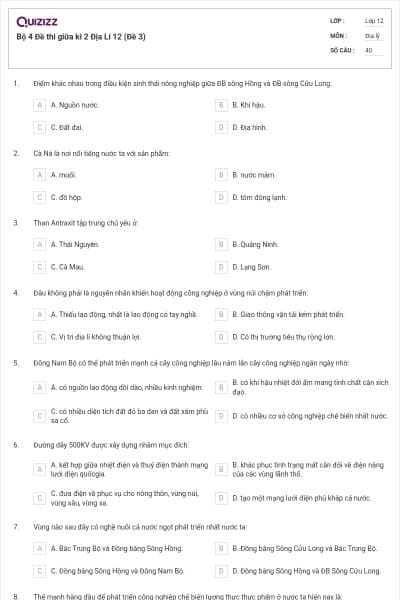 Bộ 4   Đề thi giữa kì 2 Địa Lí 12 (Đề 3)