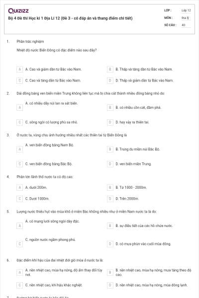 Bộ 4   Đề thi Học kì 1 Địa Lí 12 (Đề 3 - có đáp án và thang điểm chi tiết)