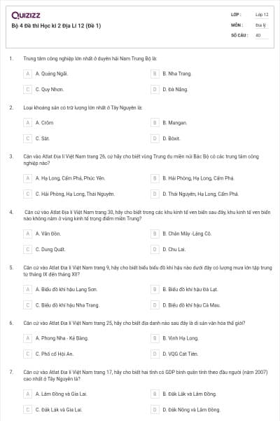 Bộ 4  Đề thi Học kì 2 Địa Lí 12 (Đề 1)