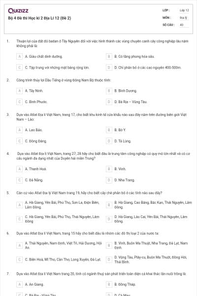 Bộ 4   Đề thi Học kì 2 Địa Lí 12 (Đề 2)