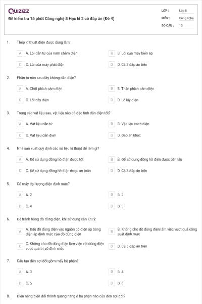 Đề kiểm tra 15 phút Công nghệ 8 Học kì 2 có đáp án (Đề 4)