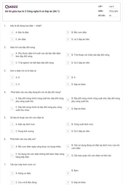 Đề thi giữa học kì 2 Công nghệ 8 có đáp án (Đề 1)