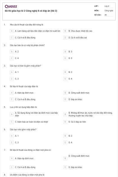 Đề thi giữa học kì 2 Công nghệ 8 có đáp án (Đề 3)