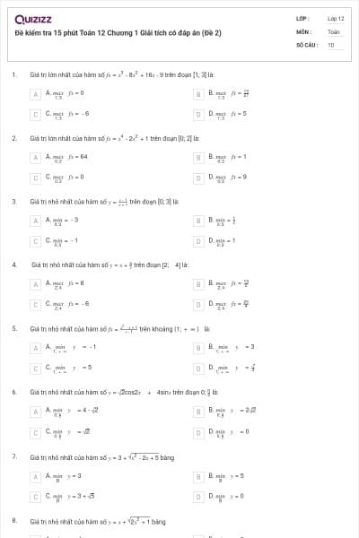 Đề kiểm tra 15 phút Toán 12 Chương 1 Giải tích có đáp án (Đề 2)
