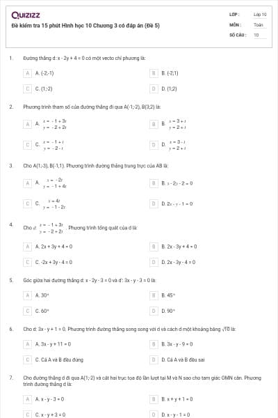 Đề kiểm tra 15 phút Hình học 10 Chương 3 có đáp án (Đề 5)
