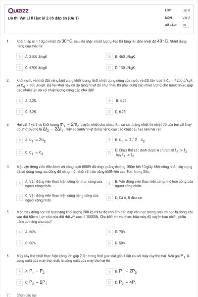 Đề thi Vật Lí 8 Học kì 2 có đáp án (Đề 1)