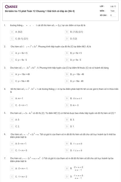 Đề kiểm tra 15 phút Toán 12 Chương 1 Giải tích có đáp án (Đề 4)