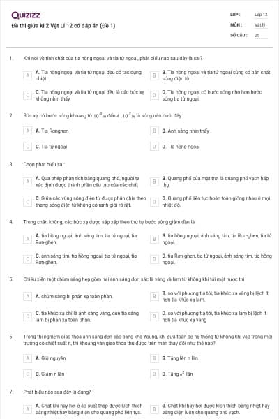Đề thi giữa kì 2 Vật Lí 12 có đáp án (Đề 1)