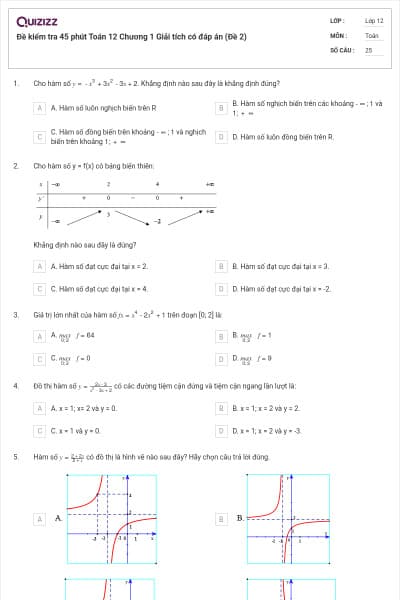 Đề kiểm tra 45 phút Toán 12 Chương 1 Giải tích có đáp án (Đề 2)