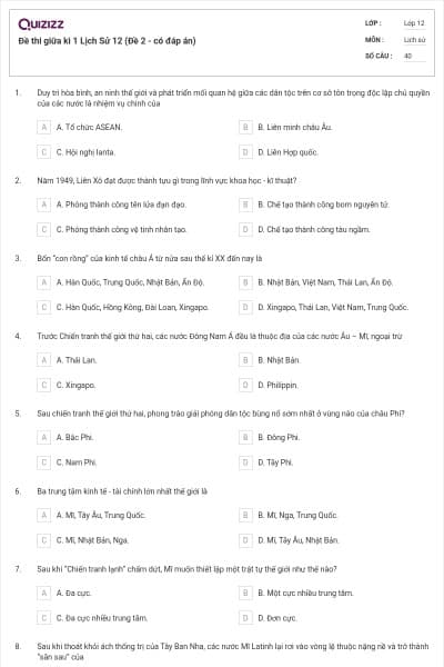 Đề thi giữa kì 1 Lịch Sử 12 (Đề 2 - có đáp án)