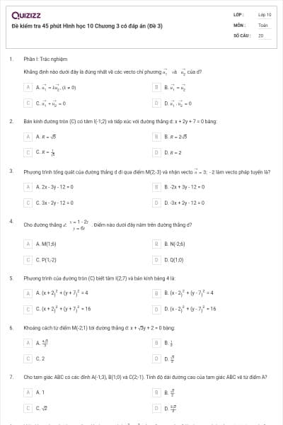 Đề kiểm tra 45 phút Hình học 10 Chương 3 có đáp án (Đề 3)