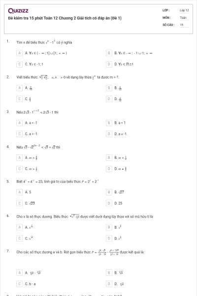 Đề kiểm tra 15 phút Toán 12 Chương 2 Giải tích có đáp án (Đề 1)