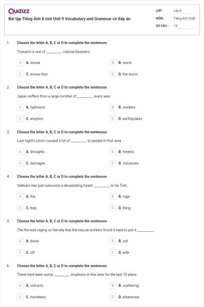 Bài tập Tiếng Anh 8 mới Unit 9 Vocabulary and Grammar có đáp án