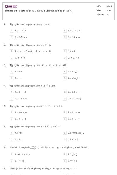 Đề kiểm tra 15 phút Toán 12 Chương 2 Giải tích có đáp án (Đề 4)