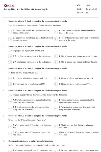 Bài tập Tiếng Anh 8 mới Unit 9 Writing có đáp án