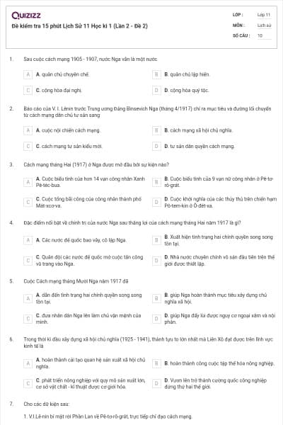 Đề kiểm tra 15 phút Lịch Sử 11 Học kì 1 (Lần 2 - Đề 2)