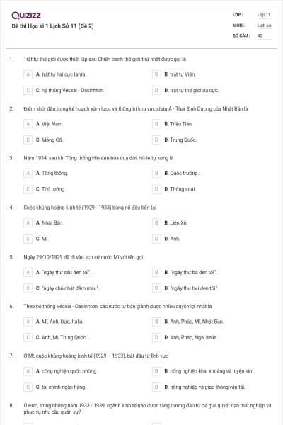 Đề thi Học kì 1 Lịch Sử 11 (Đề 2)