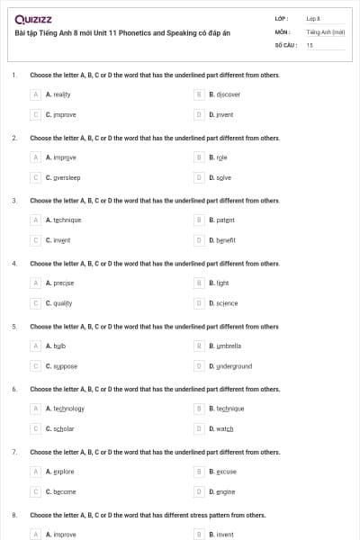 Bài tập Tiếng Anh 8 mới Unit 11 Phonetics and Speaking có đáp án