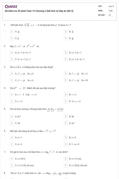 Đề kiểm tra 45 phút Toán 12 Chương 2 Giải tích có đáp án (Đề 4)