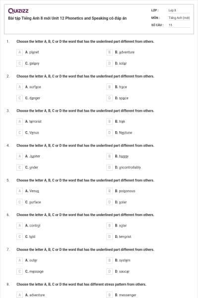 Bài tập Tiếng Anh 8 mới Unit 12 Phonetics and Speaking có đáp án