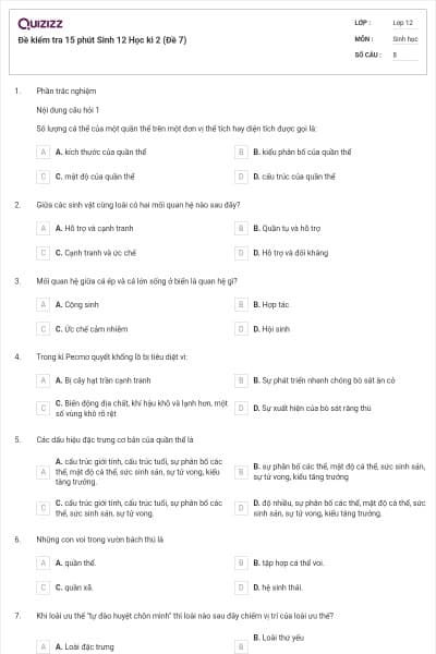 Đề kiểm tra 15 phút Sinh 12 Học kì 2 (Đề 7)