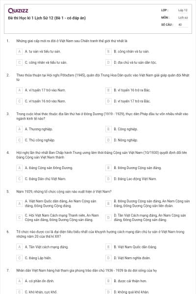 Đề thi Học kì 1 Lịch Sử 12 (Đề 1 - có đáp án)