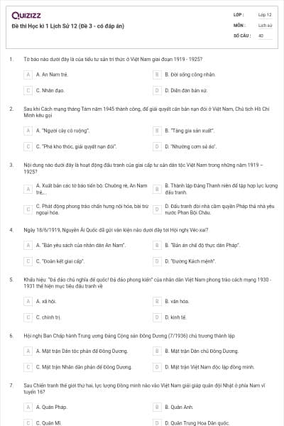 Đề thi Học kì 1 Lịch Sử 12 (Đề 3 - có đáp án)