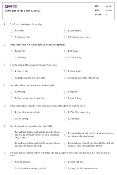 Đề thi giữa học kì 2 Sinh 12 (Đề 2)