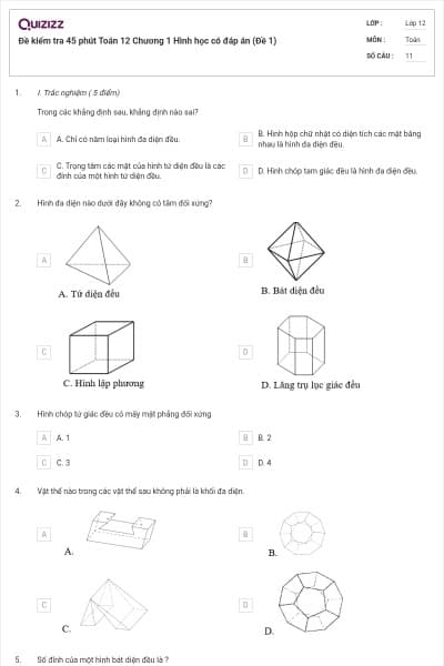 Đề kiểm tra 45 phút Toán 12 Chương 1 Hình học có đáp án (Đề 1)