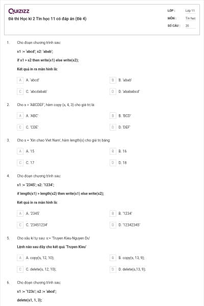 Đề thi Học kì 2 Tin học 11 có đáp án (Đề 4)