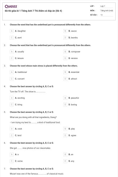Đề thi giữa kì 1 Tiếng Anh 7 Thí điểm có đáp án (Đề 4)