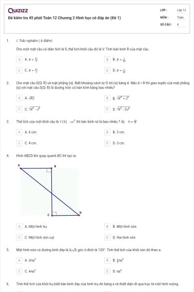 Đề kiểm tra 45 phút Toán 12 Chương 2 Hình học có đáp án (Đề 1)