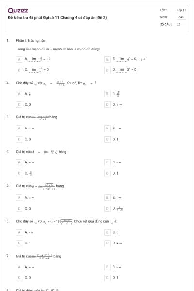 Đề kiểm tra 45 phút Đại số 11 Chương 4 có đáp án (Đề 2)