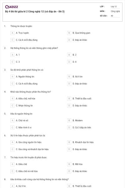 Bộ 4 Đề thi giữa kì 2 Công nghệ 12 (có đáp án - Đề 3)