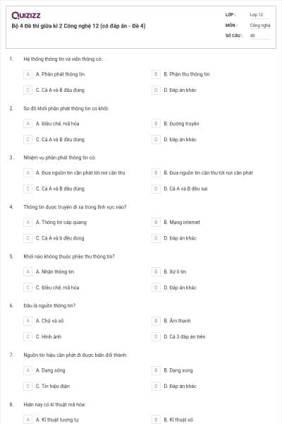 Bộ 4 Đề thi giữa kì 2 Công nghệ 12 (có đáp án - Đề 4)