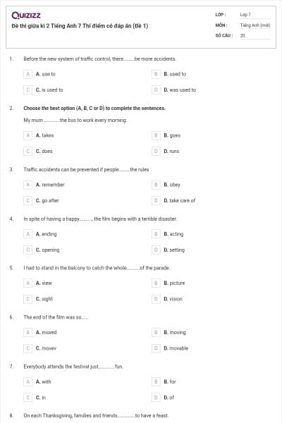Đề thi giữa kì 2 Tiếng Anh 7 Thí điểm có đáp án (Đề 1)