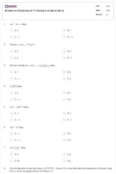 Đề kiểm tra 45 phút Đại số 11 Chương 4 có đáp án (Đề 3)