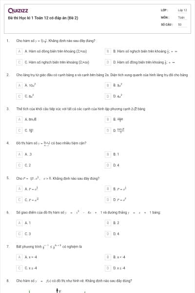 Đề thi Học kì 1 Toán 12 có đáp án (Đề 2)