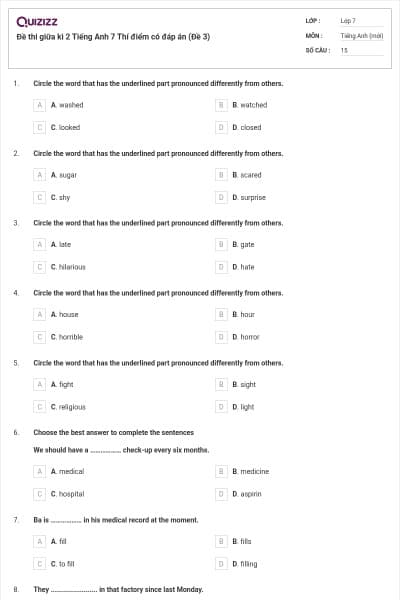 Đề thi giữa kì 2 Tiếng Anh 7 Thí điểm có đáp án (Đề 3)