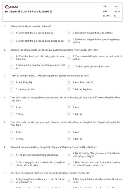 Đề thi giữa kì 1 Lịch Sử 9 có đáp án (Đề 1)