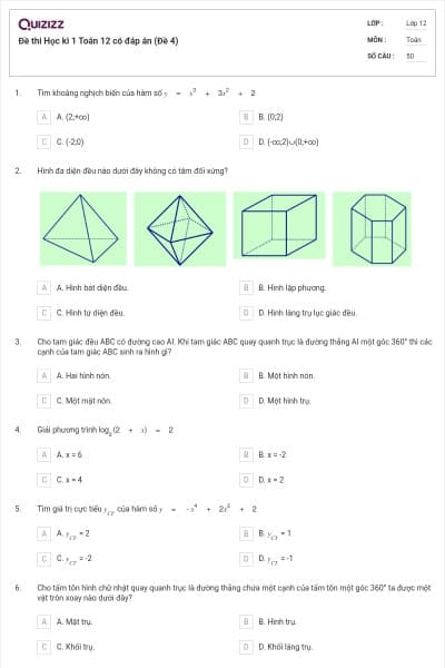 Đề thi Học kì 1 Toán 12 có đáp án (Đề 4)