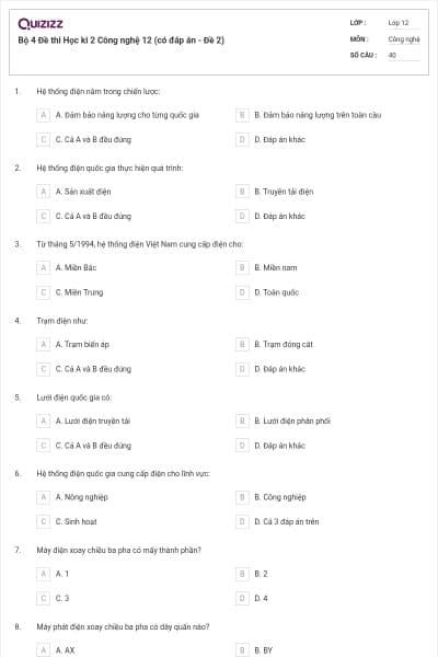 Bộ 4 Đề thi Học kì 2 Công nghệ 12 (có đáp án - Đề 2)