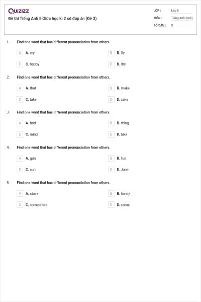 Đề thi Tiếng Anh 5 Giữa học kì 2 có đáp án (Đề 3)