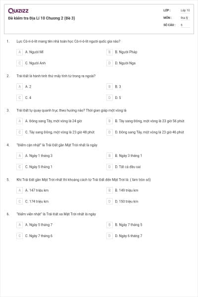 Đề kiểm tra Địa Lí 10 Chương 2 (Đề 3)