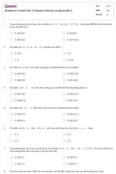 Đề kiểm tra 15 phút Toán 12 Chương 3 Hình học có đáp án (Đề 1)