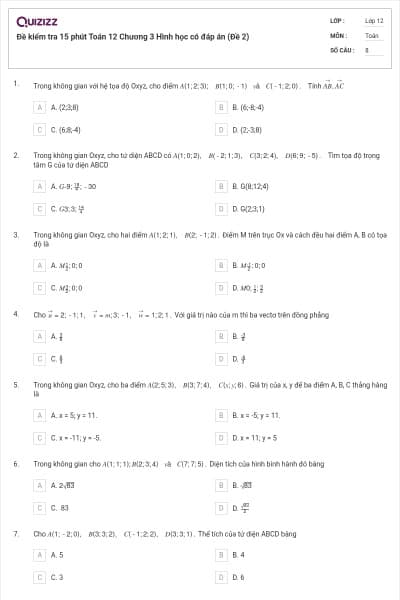 Đề kiểm tra 15 phút Toán 12 Chương 3 Hình học có đáp án (Đề 2)