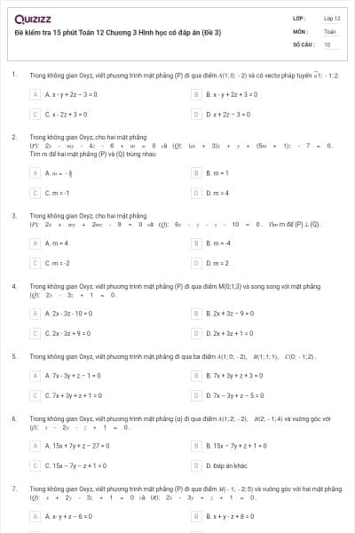 Đề kiểm tra 15 phút Toán 12 Chương 3 Hình học có đáp án (Đề 3)